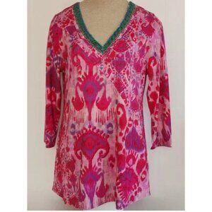 SOFT SURROUNDINGS LEGATO IKAT TUNIC TOP NWT FUCHSIA PINK TURQUOISE BEADED- SMALL